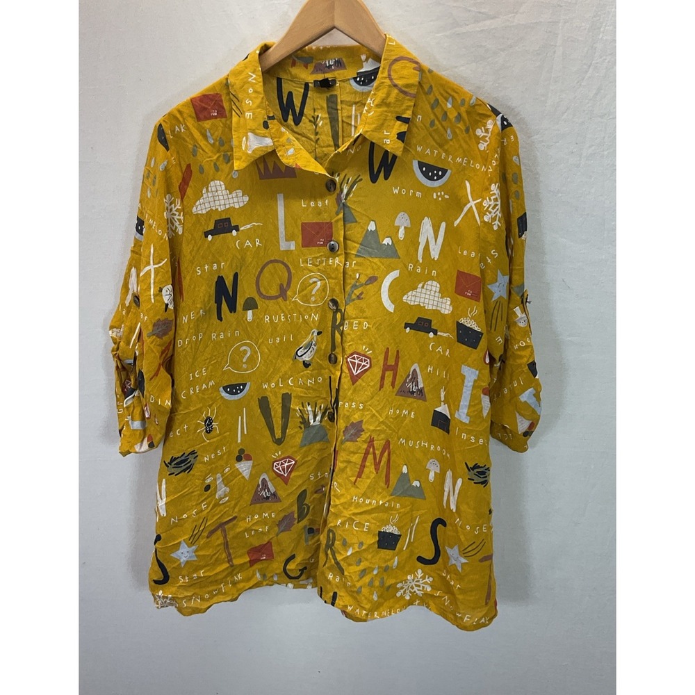 Shana 3/4 Sleeve Button-Up Shirt Mustard Abstract Art to Wear Cotton Boho XL